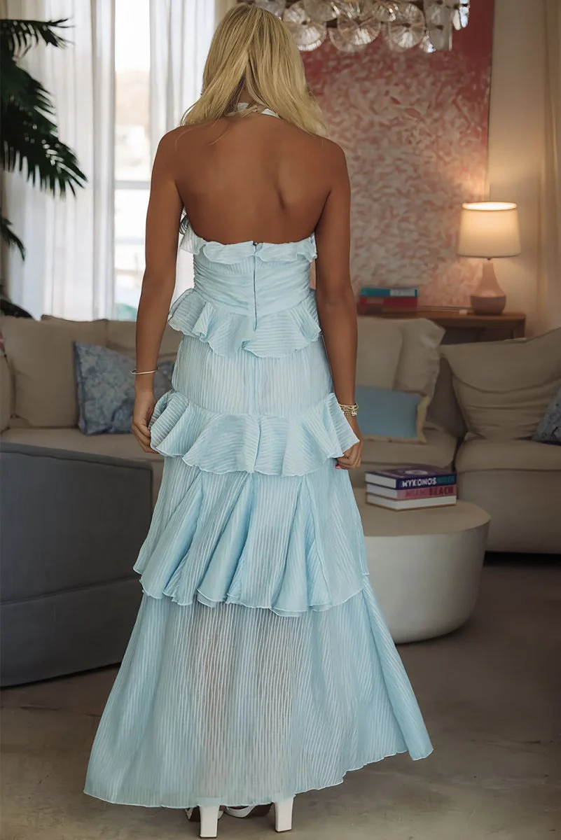 Sky Blue Halter Sheath Pleated Chiffon Long Prom Dresses With Ruffles