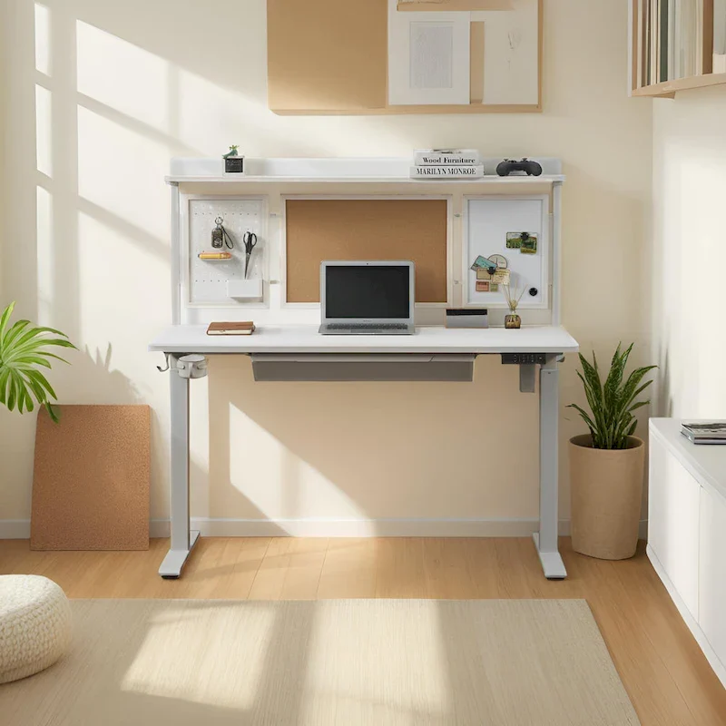 KOWO 55 White Electric Standing Desk w/Drawer & Backboard Height Adjustable Sit Stand Workstation for Home Office