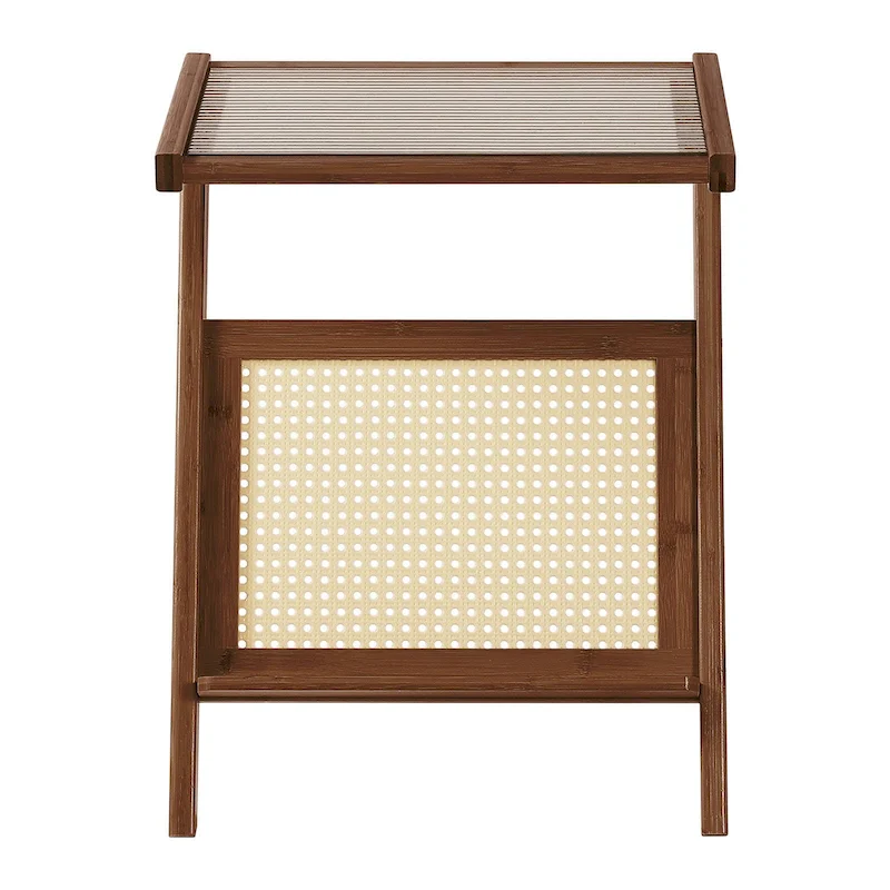 Bamboo Glass Top Side Table Accent End Table with Magazine Rack