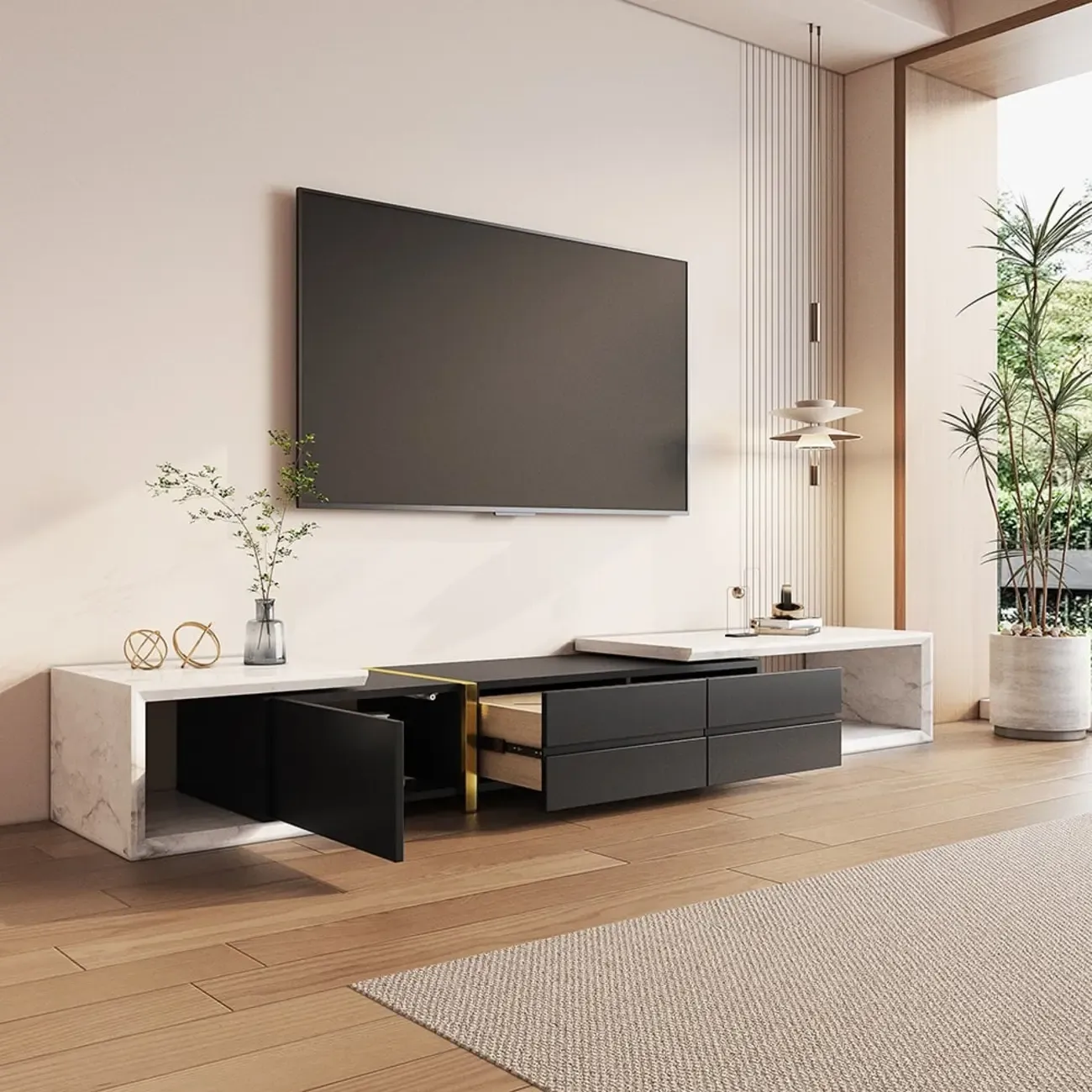 Extendable Modern White & Black 2 Drawers Wooden TV Stand