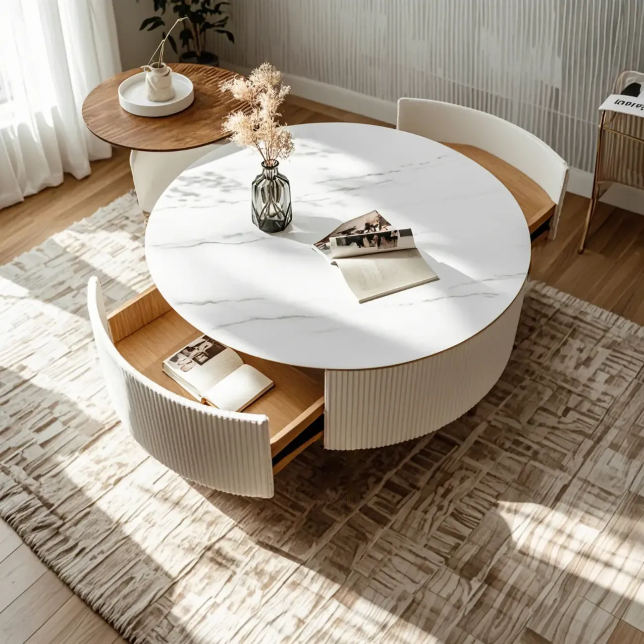 White Round Wood Lift-Top Drawer Coffee Table