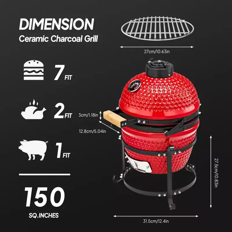 ROVSUN 13IN Red Spherical Ceramic Charcoal Grill with Inner Liner, Portable BBQ Smoker for Outdoor Cooking, Camping, and Backyard Grilling