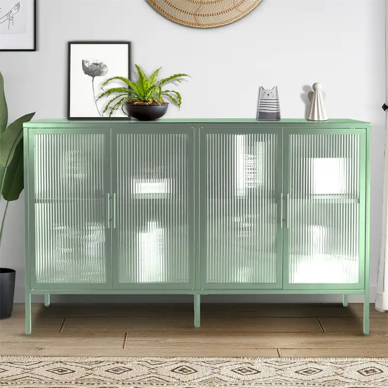 Mint Green/Blue/Black Fluted Steel & Tempered Glass 4-Door Sideboard Cabinet with Adjustable Shelf & Anti-Tip Device