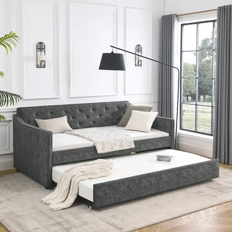 Twin Size Linen Upholstered Daybed Frame with Trundle & Tufted Backrest