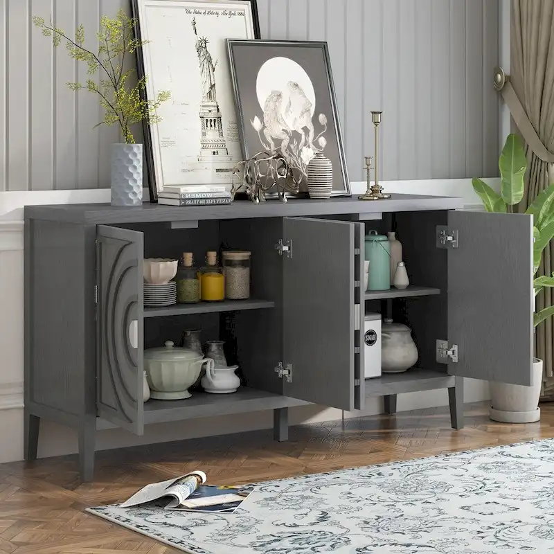 Retro Sideboard with Circular Groove Design Metal Handle