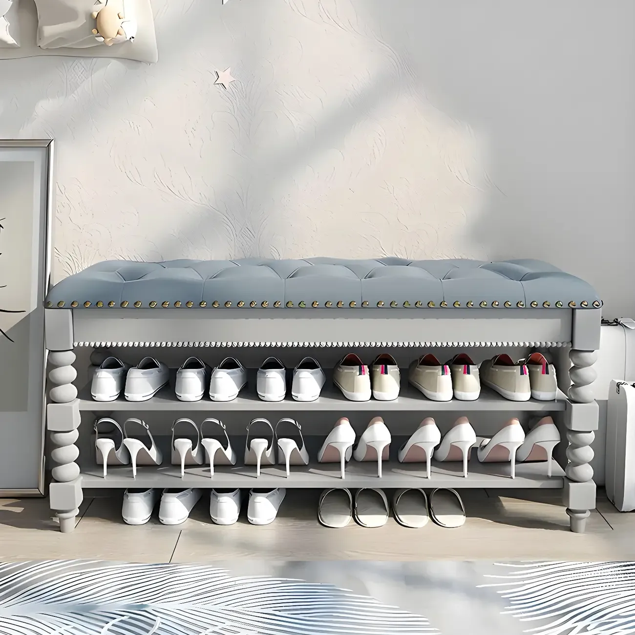 Upholstered Grey Flip-Up Top Shoe Bench for Entryway