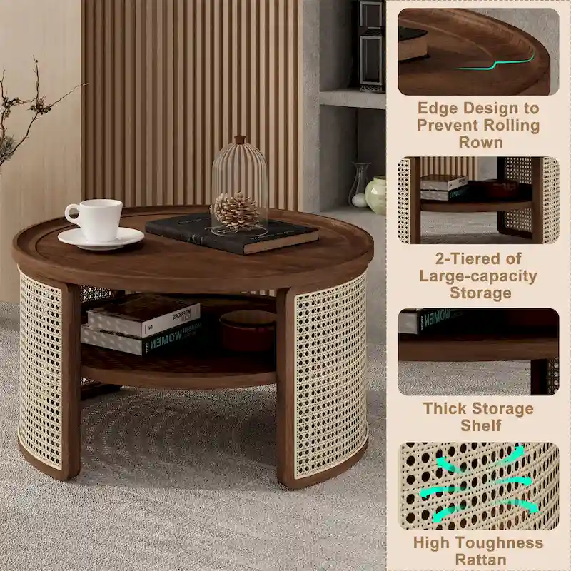 2-Tiered Round Walnut Wood Coffee Table