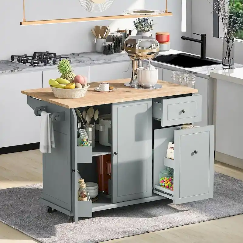 53.9 W Modern Versatile Kitchen Island with Drop Leaf and 3 Drawer Cabinets