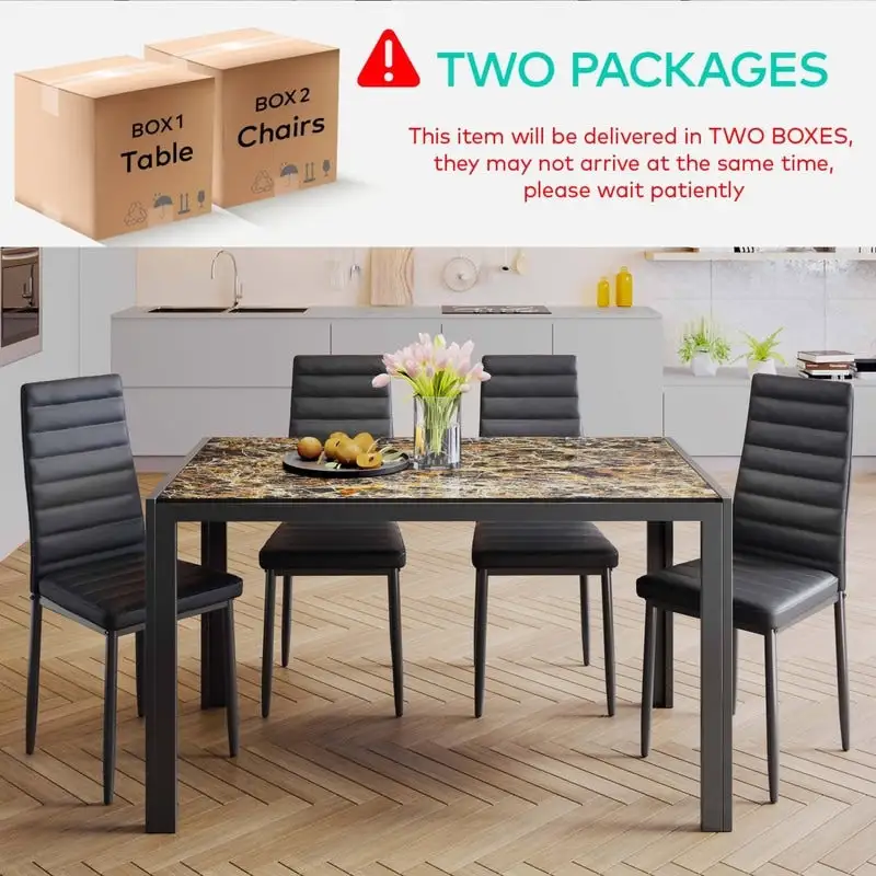 5 Pieces Glass Dining Table Set, 4 Person Modern Home Kitchen Chairs with High Back PU Leather Dining Chairs