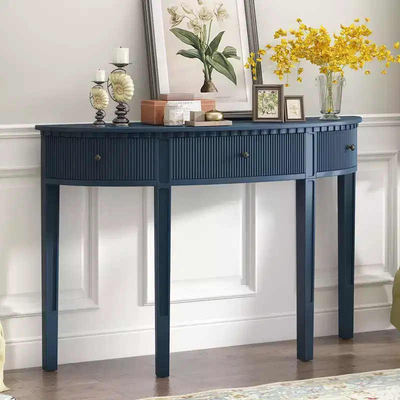 Okak 51.1IN Vintage Console Table with Pine Veneer, Entryway Table with 3 Drawers and Four Legs, Hallway Table for Living Room, Foyer, Blue