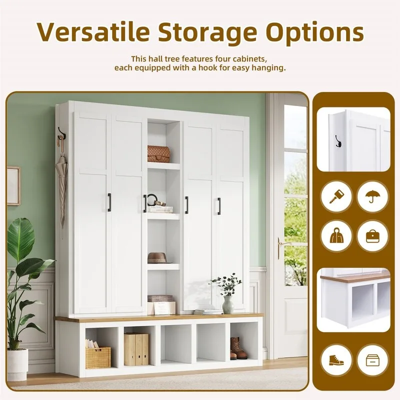 Farmhouse 4-in-1 Hall Tree with Open Display Shelves, Mudroom Shoe Bench with Open Compartments, Entryway Coat Rack with 6 Hooks