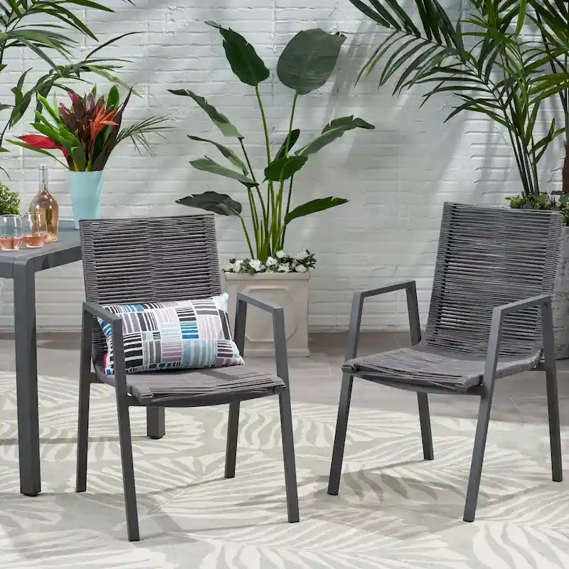 Dark Grey / Taupe Rope-Woven Dining Chair, Set of 2, Aluminum Frame