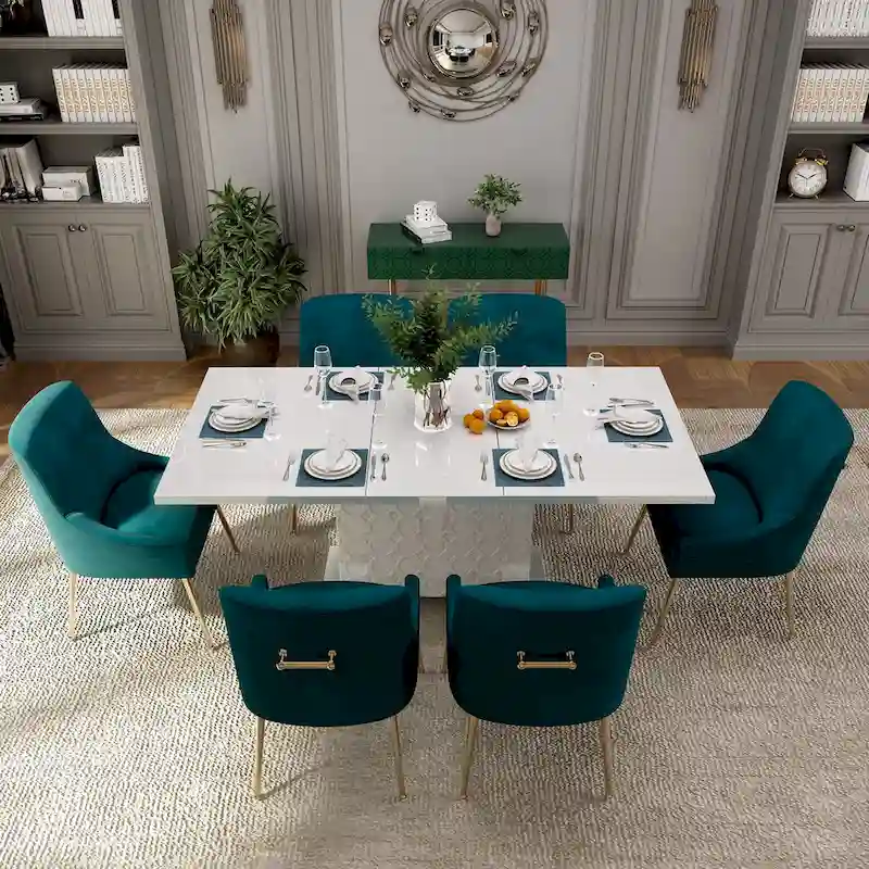 7-Piece Clihome High-gloss Extendable Table Velvet Chair Dining Set