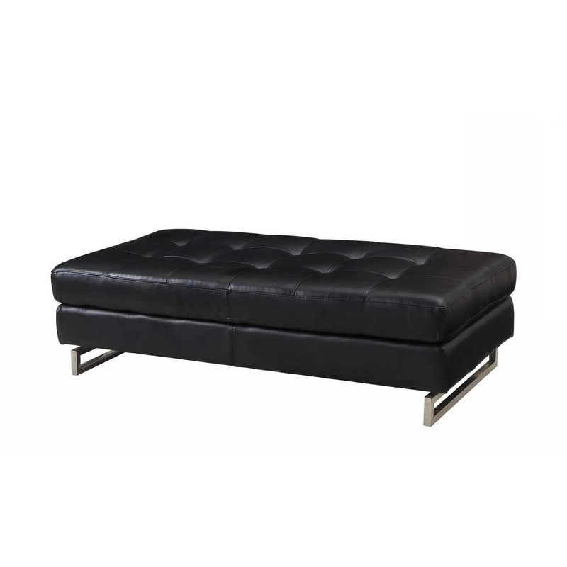 HomeRoots 63  Black Tufted Faux Leather and Silver Ottoman