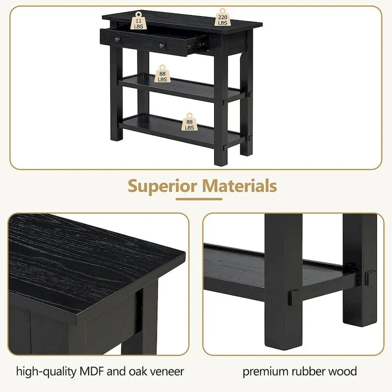 36 Farmhouse Solid Wood Console Table with Drawers and 2 Shelves