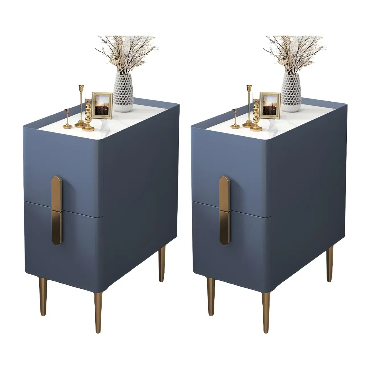 Modern Stone Countertop Faux Leather Nightstand with 2 Drawers