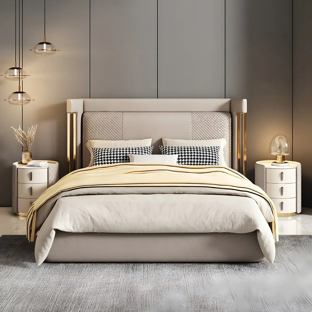 Modern Beige Faux Leather Nightstand with Drawers