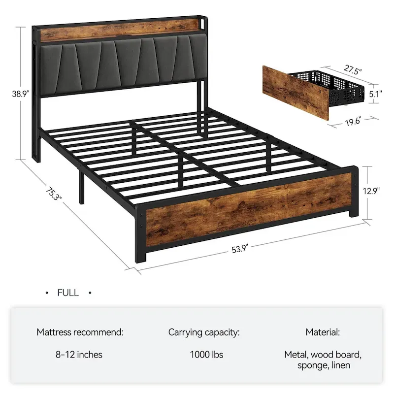 Platform Bed Frame with 4 Storage Drawers and Upholstered Headboard – Brown, Full / Queen, 1-2 Person