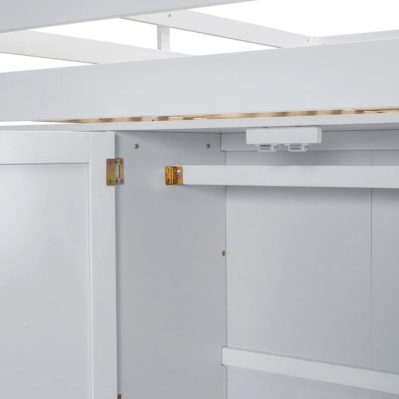 White Full Size Solid Wood Loft Bed with Wardrobe, Desk, 3 Drawers & Shelves | 350 lb