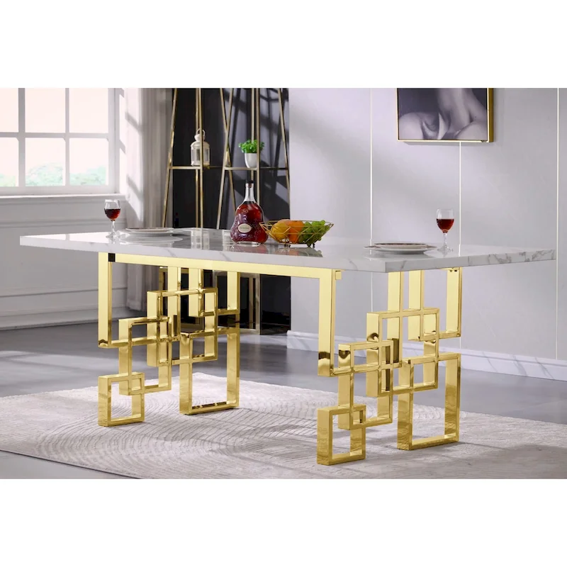 78-Inch Rectangular Dining Table with Faux Marble Top and Geometric Metal Base