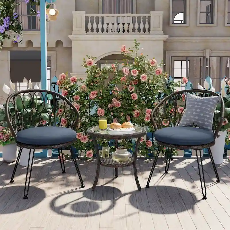 3 Piece Patio Bistro Set with Glass Table, Outdoor Rattan Chairs Set with Curved Backrest & Cushion for Balcony Patio