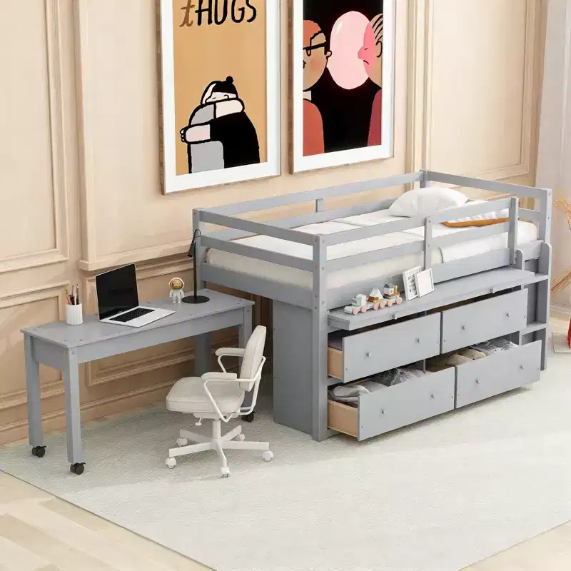 Luxystar Low Loft Bed with Desk, 4 Drawers and Bookcase