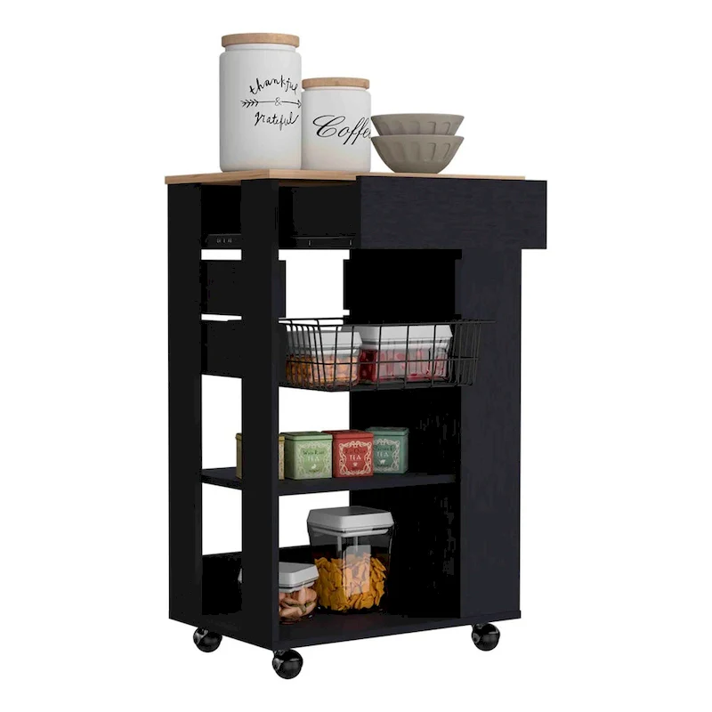 Kitchen Cart, One Drawer, Two Open Shelves, Four Casters -White / Light Oak