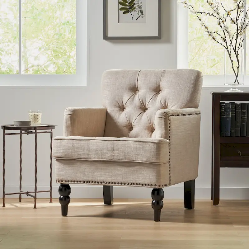 Beige / Light Blue / Dark Teal Tufted Club Chair, Single Seat
