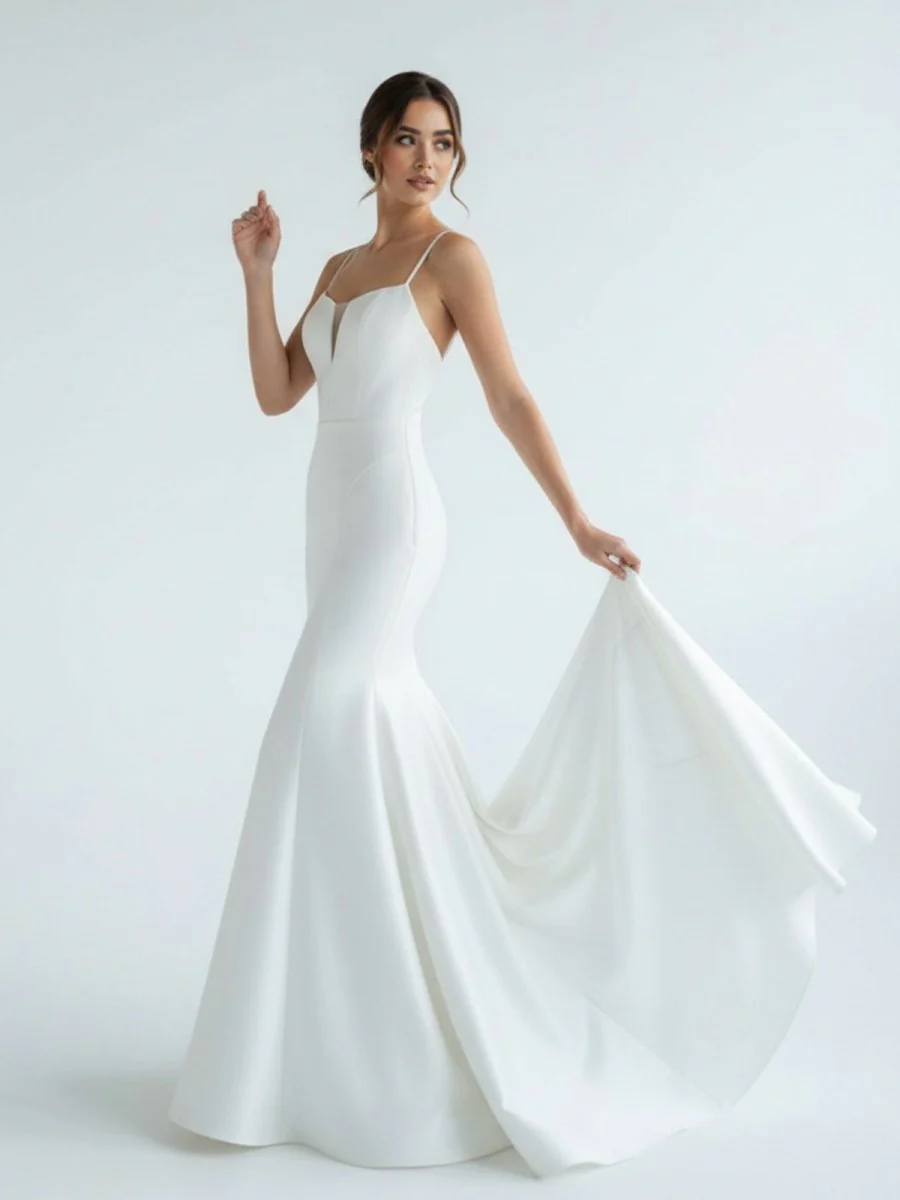 Mermaid White Spaghetti Straps Long Lace Wedding Dress