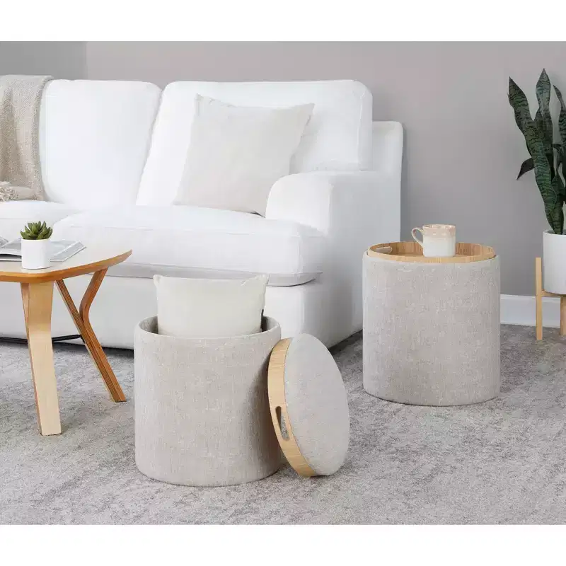 LumiSource Tray Nesting Ottoman Set Light Brown Fabric/Natural Wood