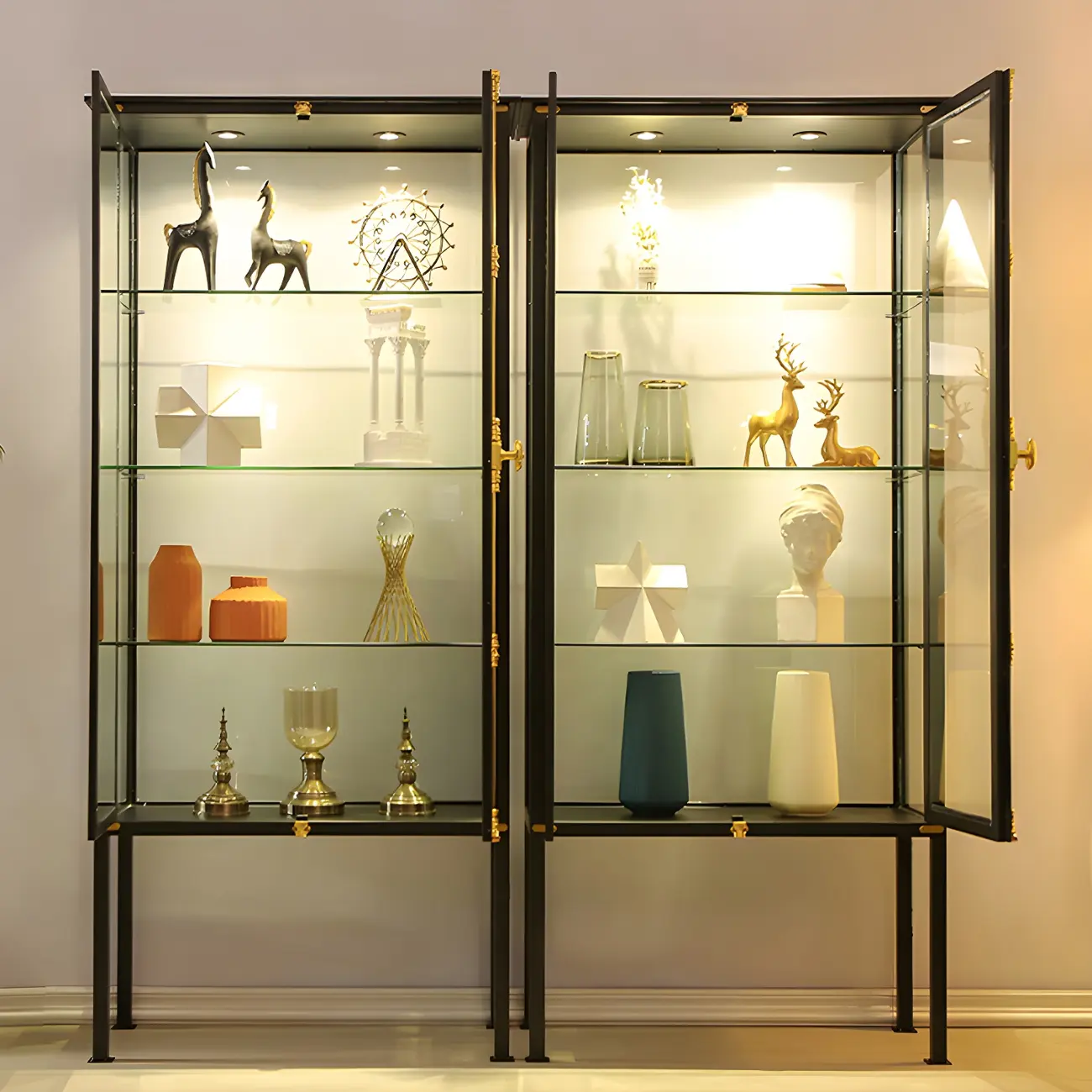 Glam Black Metal Frame Glass Curio Cabinet