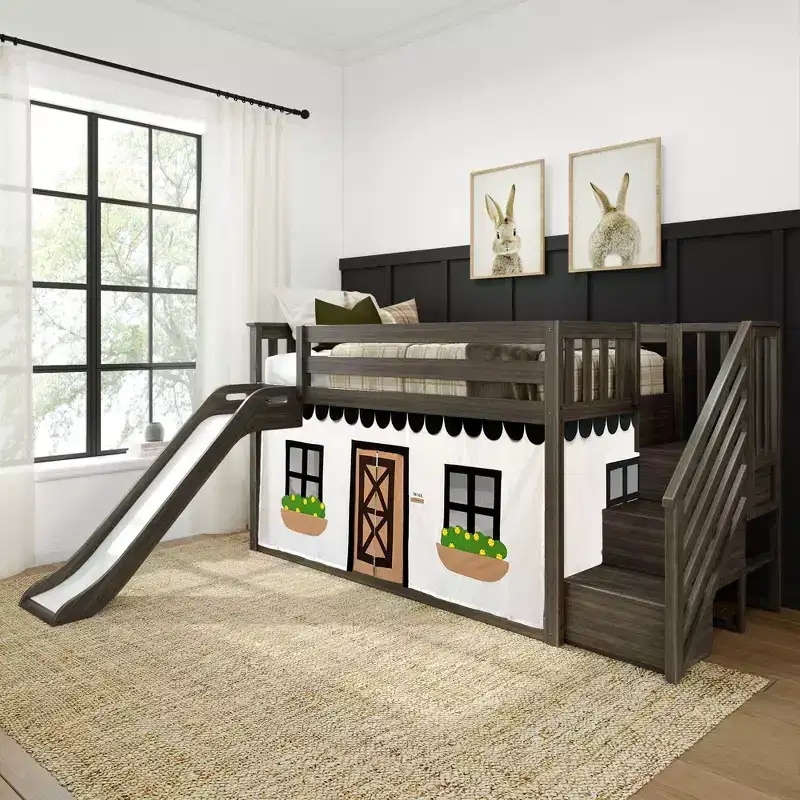 Twin Low Loft With Stairs, Easy Slide & Black & White Farmhouse Curtain