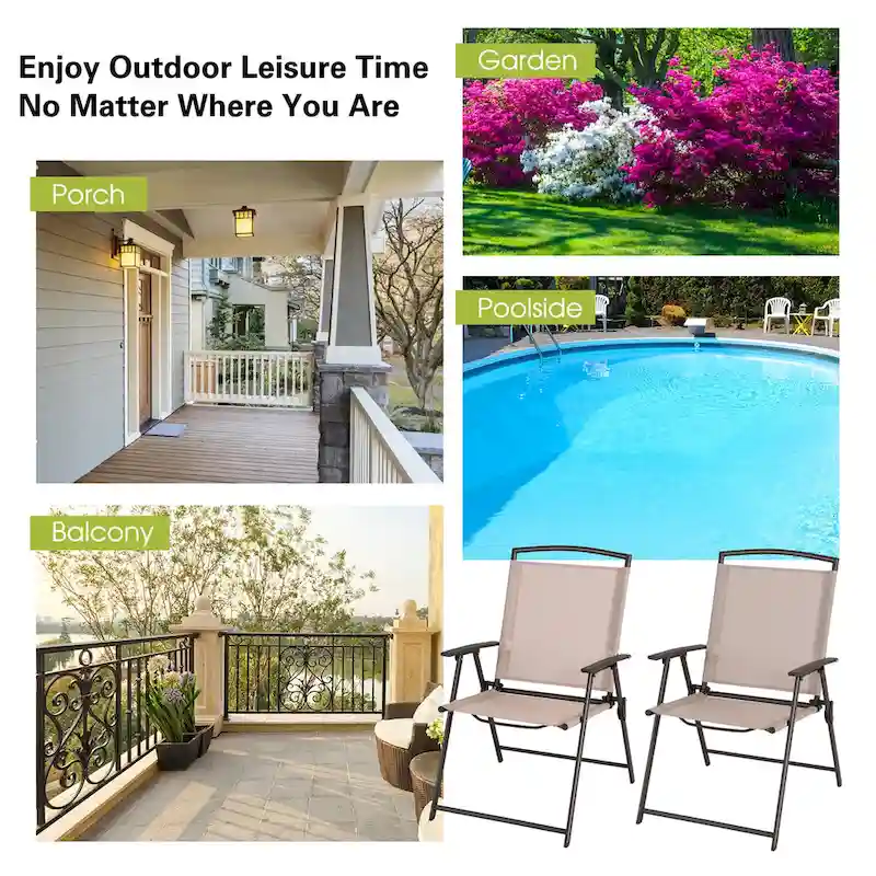 2 pcs Patio Folding Sling Dining Chairs Armrests Steel Frame