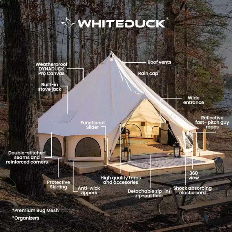 White Duck Avalon Canvas Bell Tent with Stove Jack & Mesh Windows, 4-Season Luxury Glamping Tent, Water Repellent, Natural White