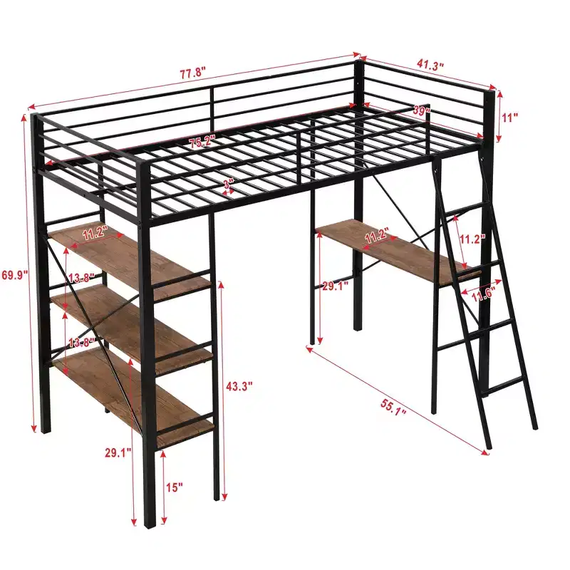 Twin Size Metal Loft Bed with Storage Shelves, Heavy-Duty Steel Loft Bed Frame w/Built-in Desk for Bedroom Dorm, Black
