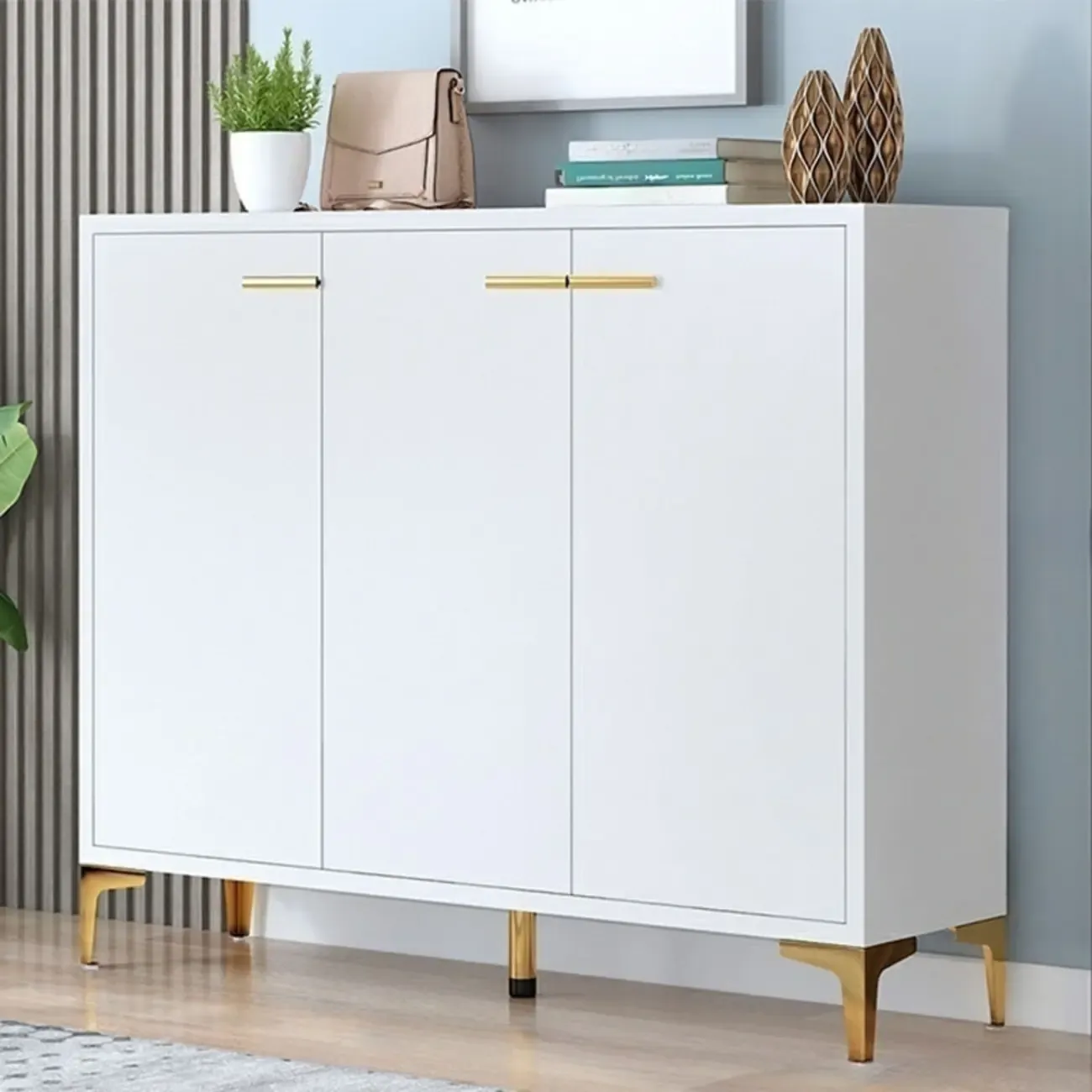 Elegant Grey Wood Hallway Shoe Cabinet with Metal Legs