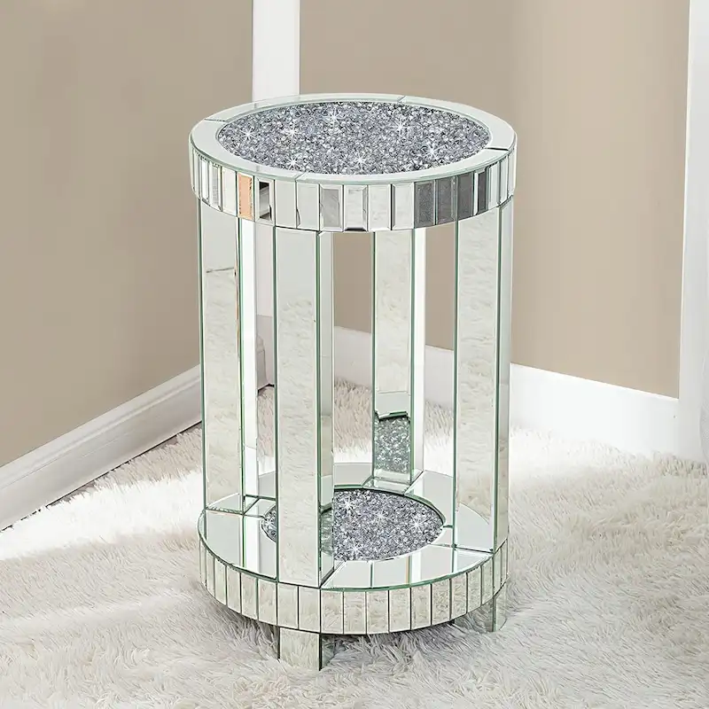 Tall Mirrored Glass Round End Table