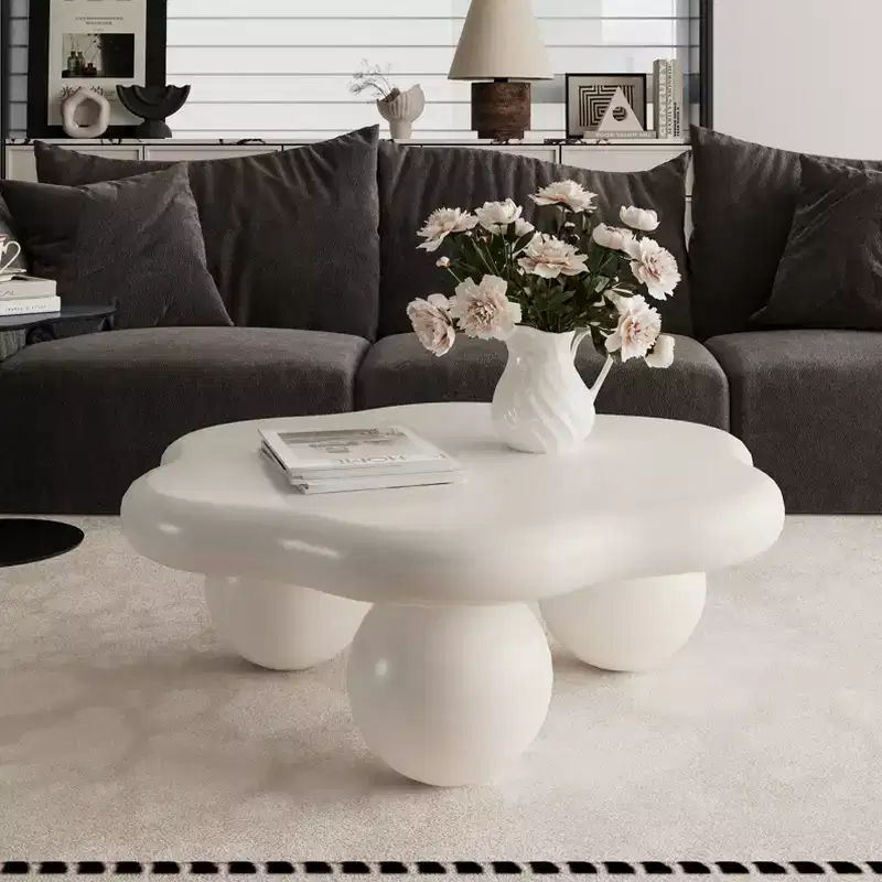 35 Cloud Coffee Table with Ball Legs, Modern Irregular Center Table for Living Room, Cream White