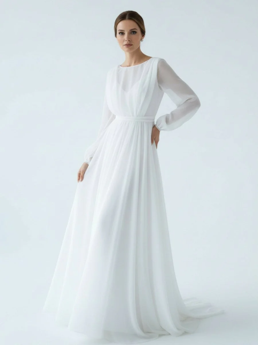 A-Line Illusion Neck Long Sleeves Sweep Train Organza Wedding Dresses