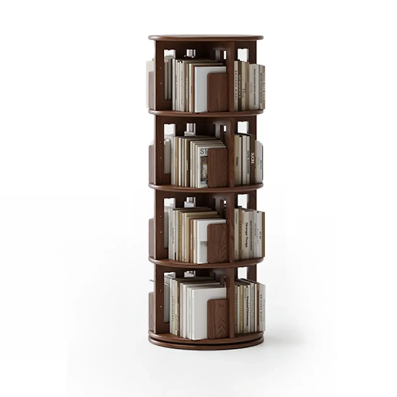 Cylindrical Movable 360° Rotating Wooden Bookshelf with Drawer