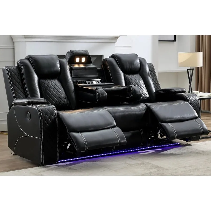 Power Reclining Sofa with Wireless Charger & LED Light – Faux Leather, Black