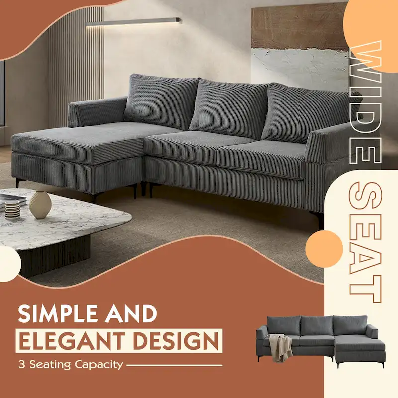 L-Shaped Reversible Chaise Sofa - Polyester Fabric - 3 Seater