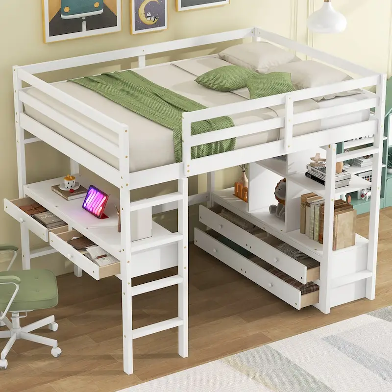 Pine Loft Bed with Built-in Desk & Drawers