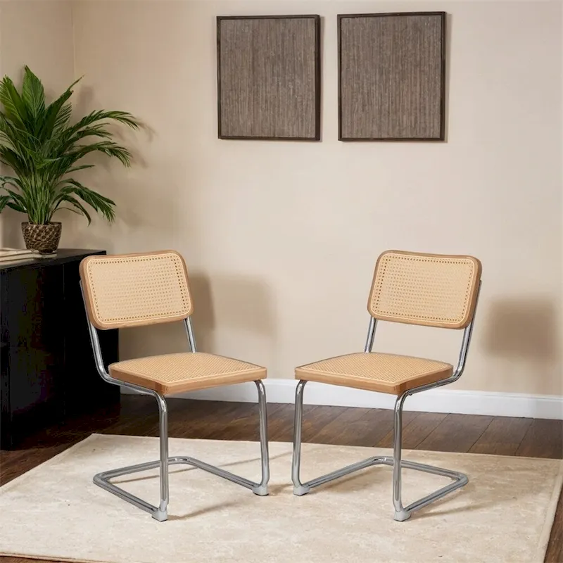 Burly Wood Rattan Cantilever Dining Chair with Chrome Legs, Set of 2
