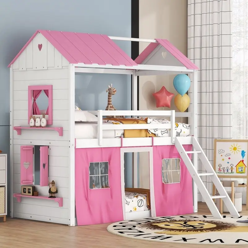 Blue/Pink & White Full-Size House Bunk Bed with Windows & Slide – 2-Person