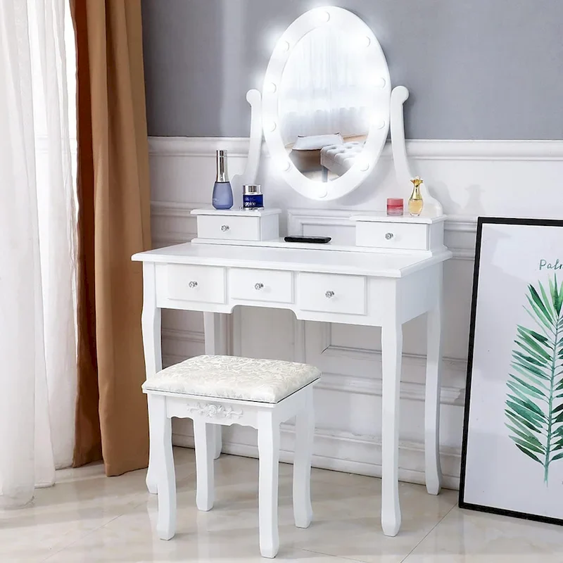 White Vanity Desk & Stool Set with Lighted Mirror, Single
