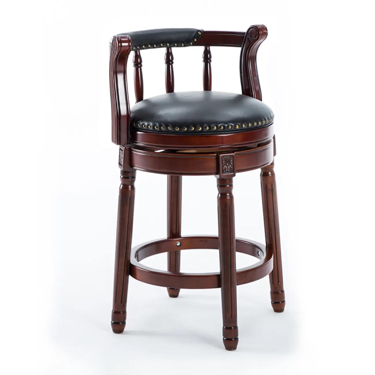 Swivel Counter Height Bar Stools in Genuine Leather & Walnut Solid Wood
