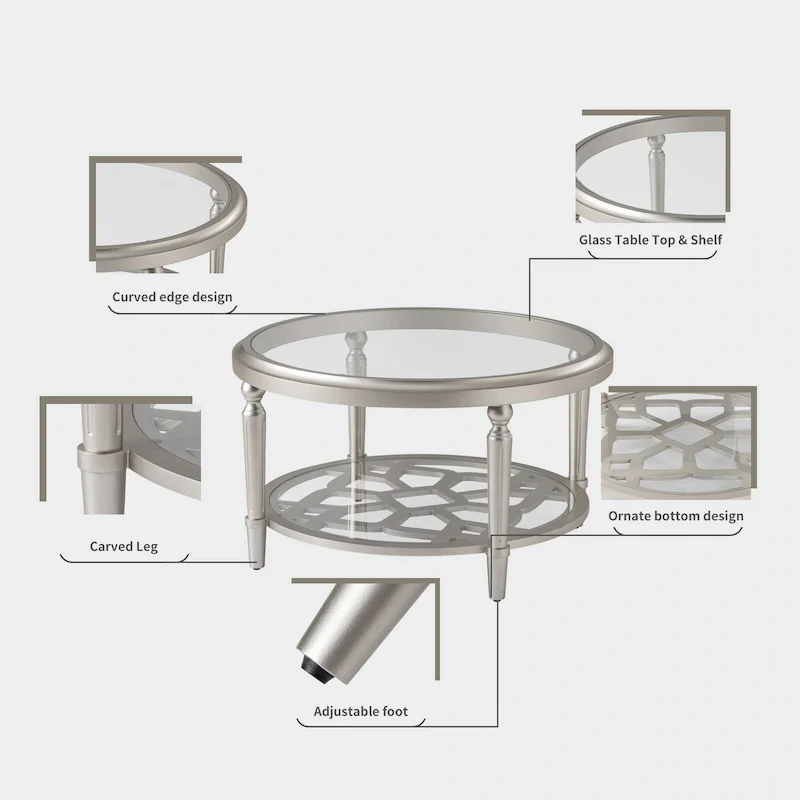 COSIEST Champagne Round Solid Wood Tempered Glass Coffee Table