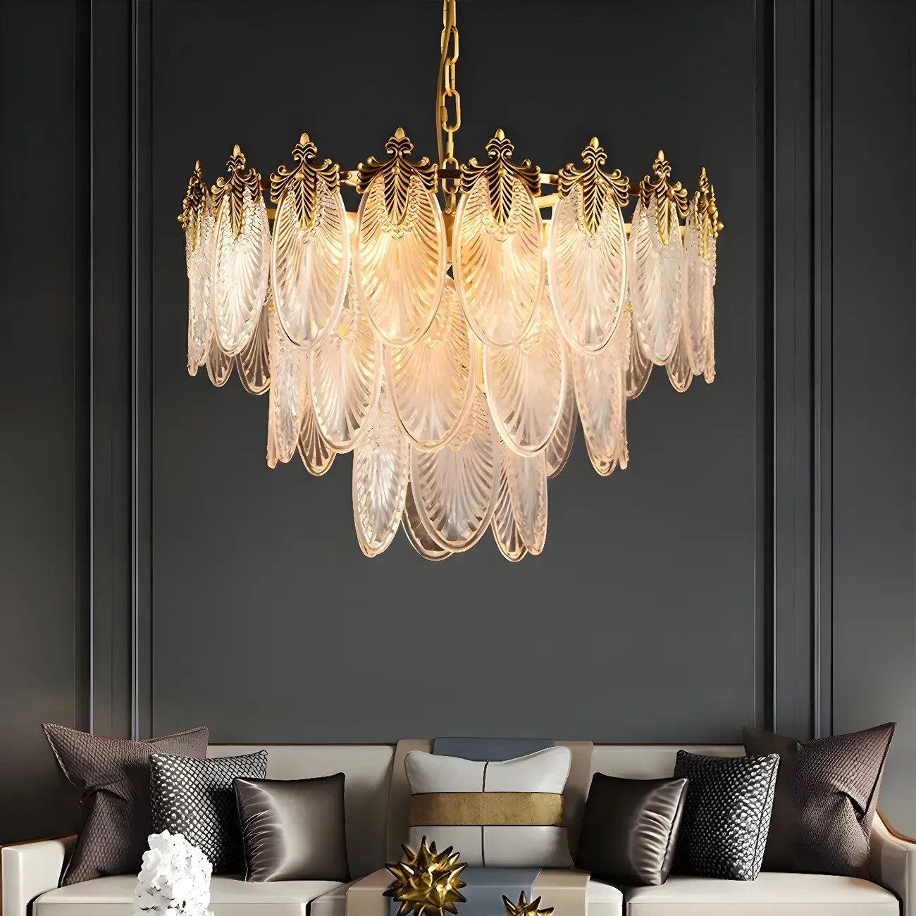 Elegant Brass Ribbed Glass Tiered Chandelier