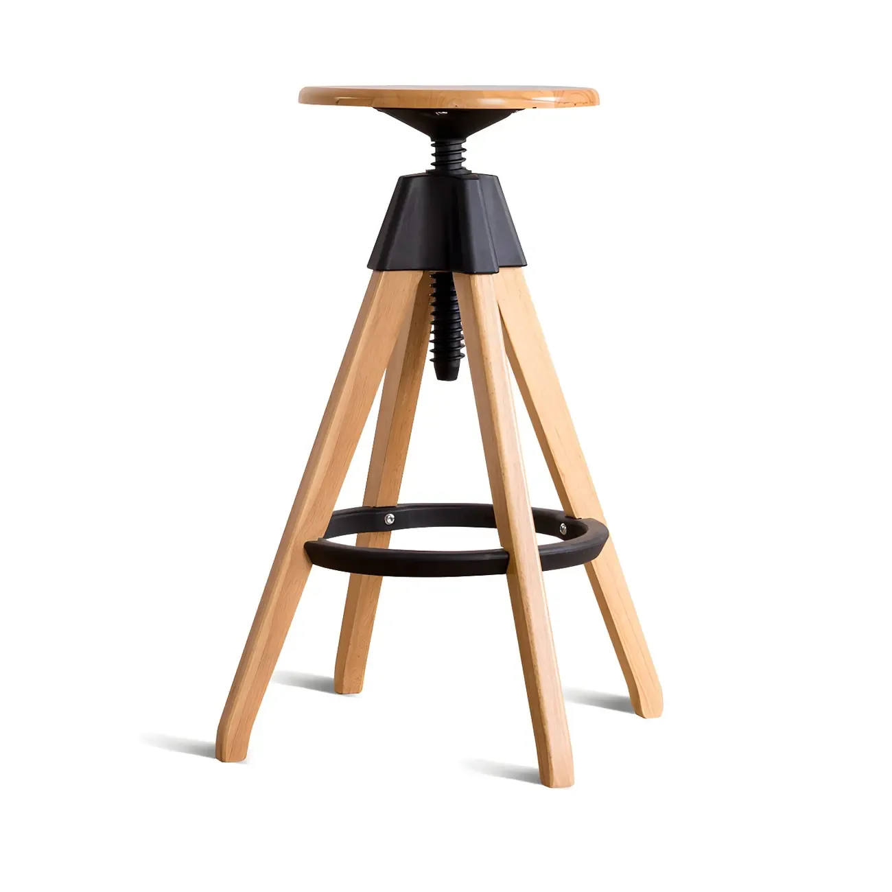 Adjustable Brown Wooden Swivel Backless Bar Stools